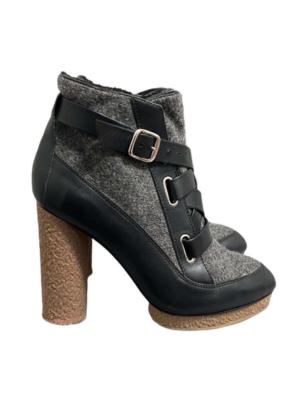 Loeffler Randall Serena Black Leather & Gray Flannel Platform Boots Size 8
